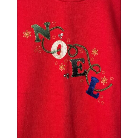 VTG Studio Works Holiday Noel Festive Sweatshirt Womens XL Red Embroidered 25.5" - Picture 2 of 6
